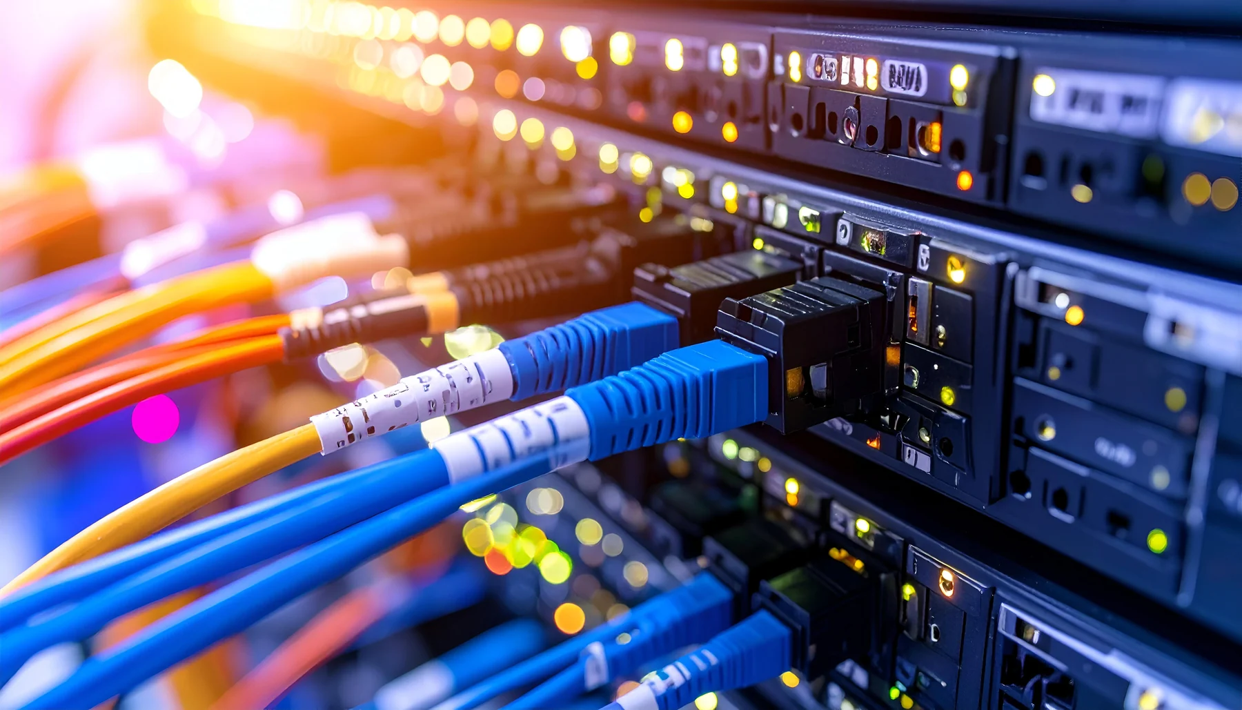 Close-up server room network infrastructure with connected switch ports